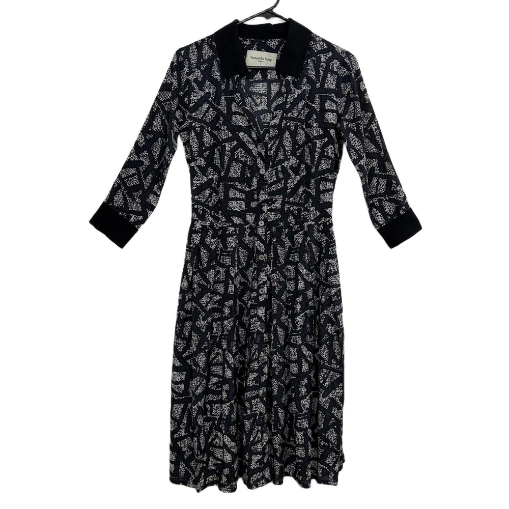 Samantha Sung Dress Womens 6 Navy Blue Abstract Print Pleated Button Front